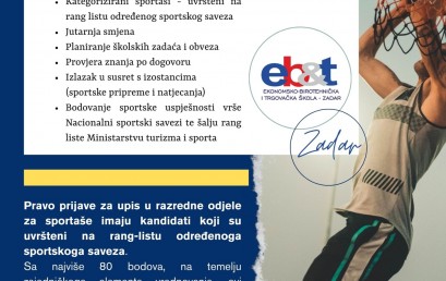 UPISI U SPORTSKI RAZRED u školskoj godini 2024./25., program KOMERCIJALIST