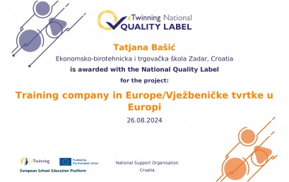 Nacionalna oznaka kvalitete za e-twinning projekt “Vježbeničke tvrtke u Europi”