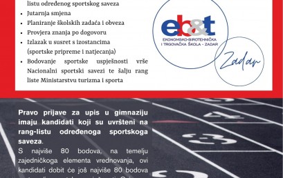 Ekonomsko-birotehnička i trgovačka škola Zadar upisuje jedan razred opće gimnazije odjeljenje za sportaše