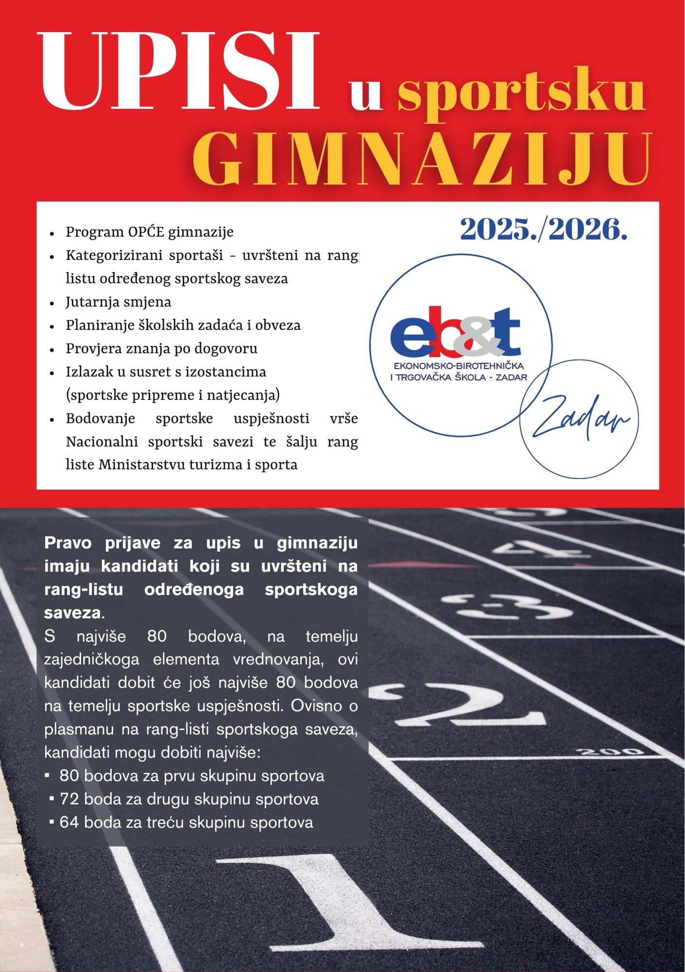 Ekonomsko-birotehnička i trgovačka škola Zadar upisuje jedan razred opće gimnazije odjeljenje za sportaše