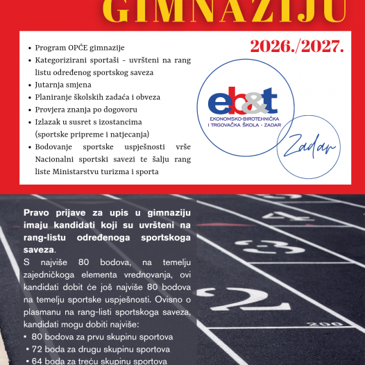 UPISI UČENIKA U 1. RAZRED OPĆE GIMNAZIJE, odjel za sportaše