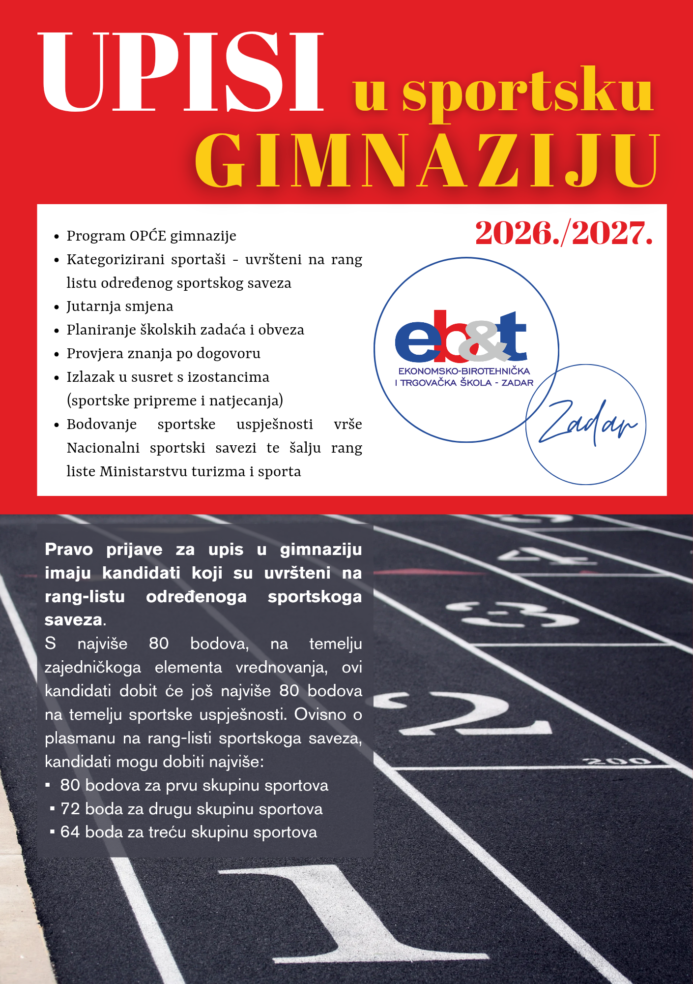 UPISI UČENIKA U 1. RAZRED OPĆE GIMNAZIJE, odjel za sportaše